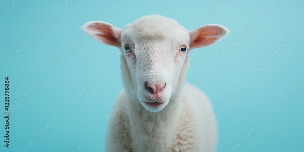 Fototapeta premium A white sheep is staring at the camera. The sheep has a blue background. The sheep is looking directly at the camera