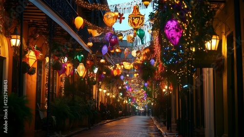 Wallpaper Mural Mardi Gras street adorned with glowing lanterns, festive decorations, and colorful lights creating a magical evening atmosphere Torontodigital.ca