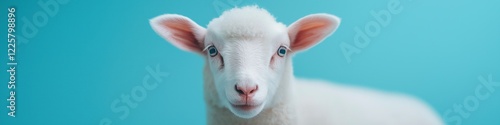 A white sheep is staring at the camera. The sheep is laying down on a blue surface. The sheep's eyes are open and it is curious about the camera