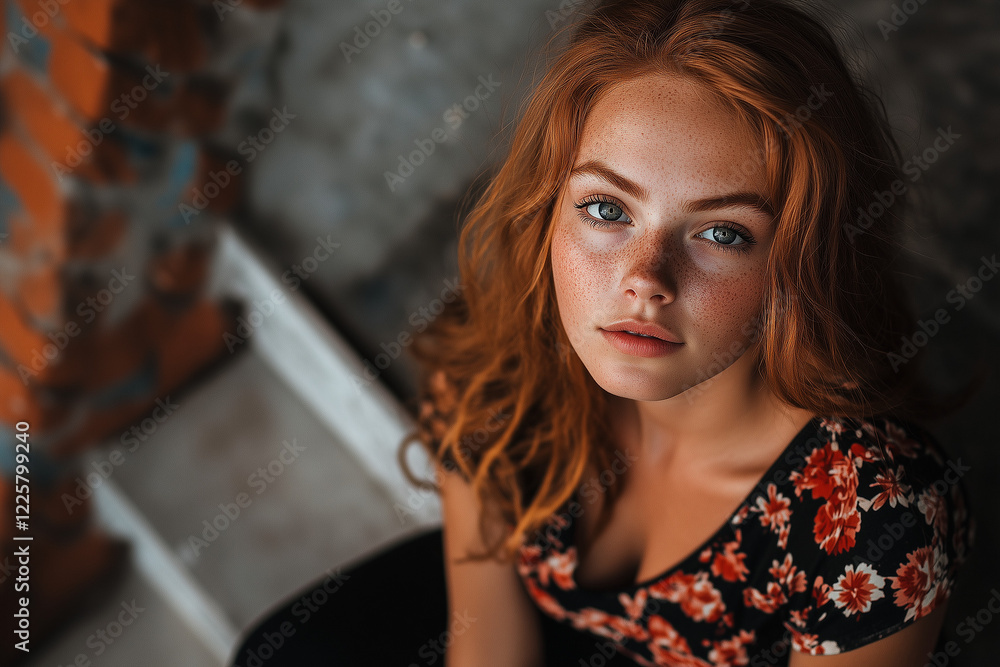 Fototapeta premium Chica con pelo rojo y pecas, pose sentada sobre un fondo desgastado y áspero, ángulo alto.