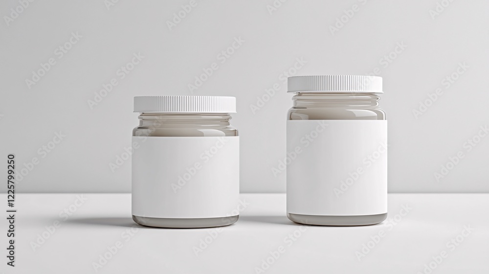 Two transparent jars with white blank labels mockup standing on white table Two transparent jars with white blank labels mockup standing on white table