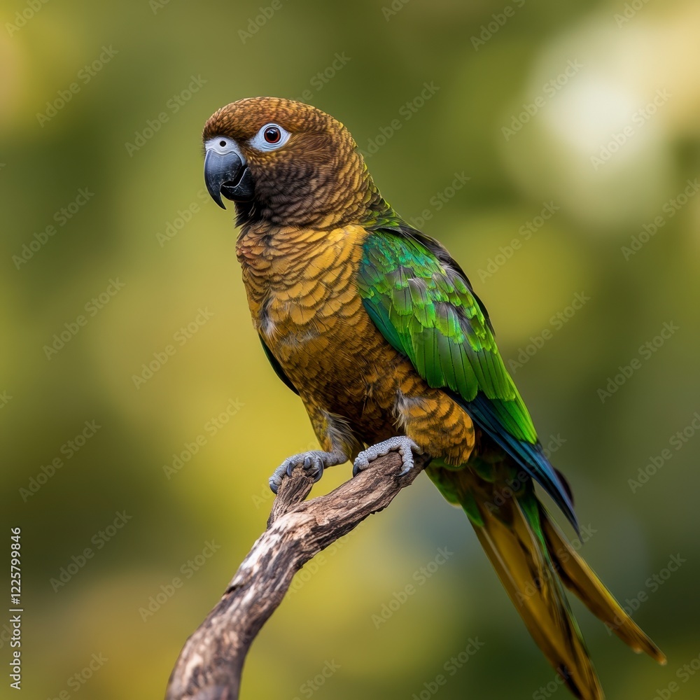 Obraz premium Vibrant Parrot on Branch, A striking parrot perched elegantly on a branch, showcasing rich colors and intricate feather patterns in soft daylight.