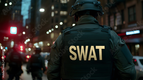 Side-back close-up view of a male SWAT team officer, showcasing tactical gear, readiness, and a sense of duty in a high-stakes environment photo