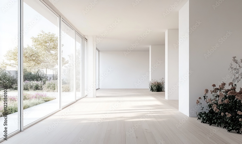 Fototapeta premium Serene Minimalist Interior Design: Sunlit Modern Living Space with Garden View
