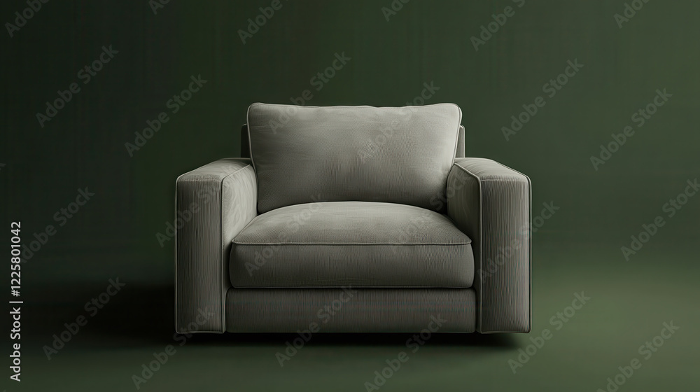 Fototapeta premium An inviting armchair with smooth, seamless velvet fabric in a muted dove gray tone, angular armrests for balance
