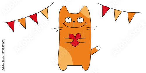 Cute Orange Cat with Heart and Party Flags, Vector