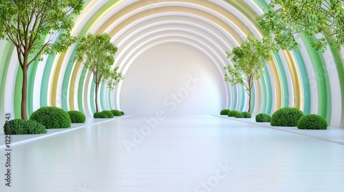 Colorful arched pathway, trees, green shrubs, bright interior photo