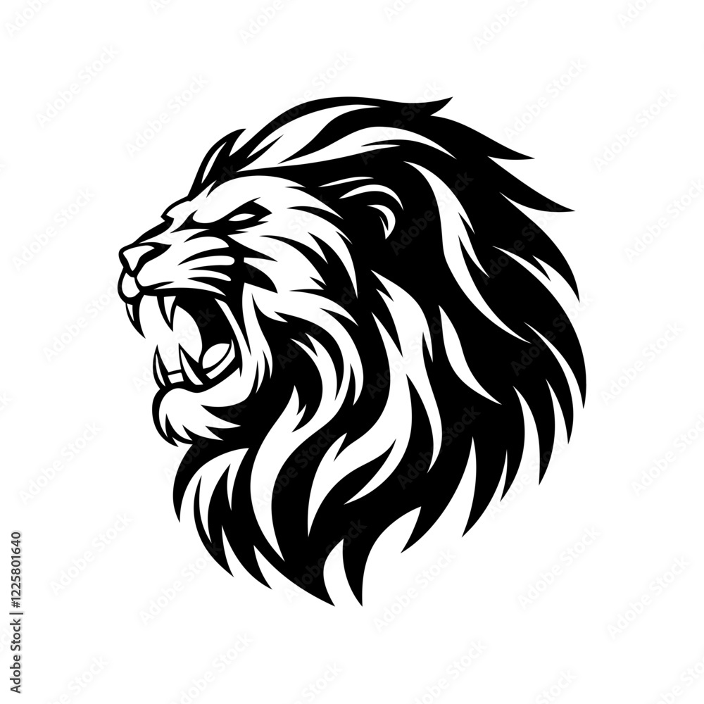 Minimalistic Aggressive Lion Head in Profile with Open Mouth and Fangs Logo for Sports Teams Minimalistic Aggressive Lion Head in Profile with Open Mouth and Fangs Logo for Sports Teams