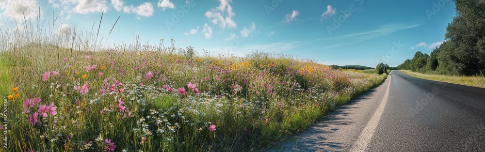 Colorful wildflowers flourish along a serene country road, showcasing their vibrant petals under a clear blue spring sky. The lush scenery invites peace and joy in nature's embrace Colorful wildflowers flourish along a serene country road, showcasing their vibrant petals under a clear blue spring sky. The lush scenery invites peace and joy in nature's embrace
