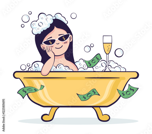 Rich Woman with Champagne Glass in Bath with Money