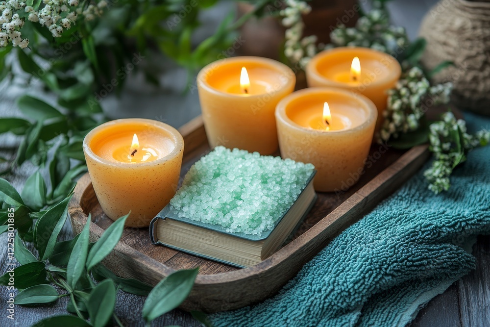 Tranquil Self-Care Essentials Flat Lay Composition with Candles and Bath Accessory Tranquil Self-Care Essentials Flat Lay Composition with Candles and Bath Accessory