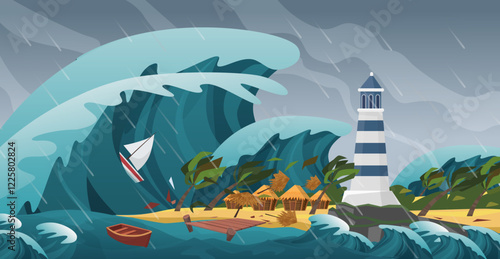 illustration cartoon of tsunami
