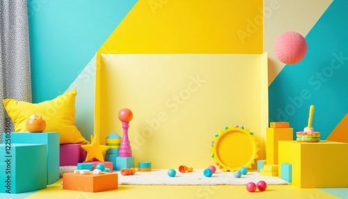 Colorful geometric playroom with toys and bright decor