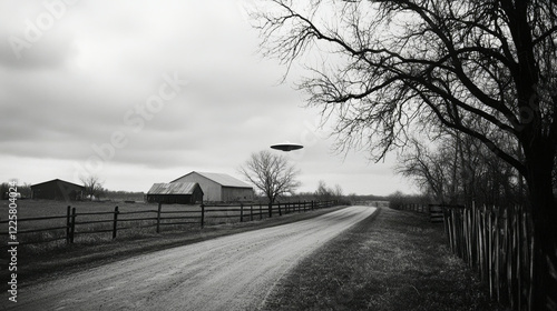 Flying saucer spotted near a rural farm in a vintage 1950s black and white scene