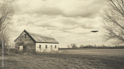Flying saucer sighted above rural farm under overcast sky in vintage 1950s aesthetic