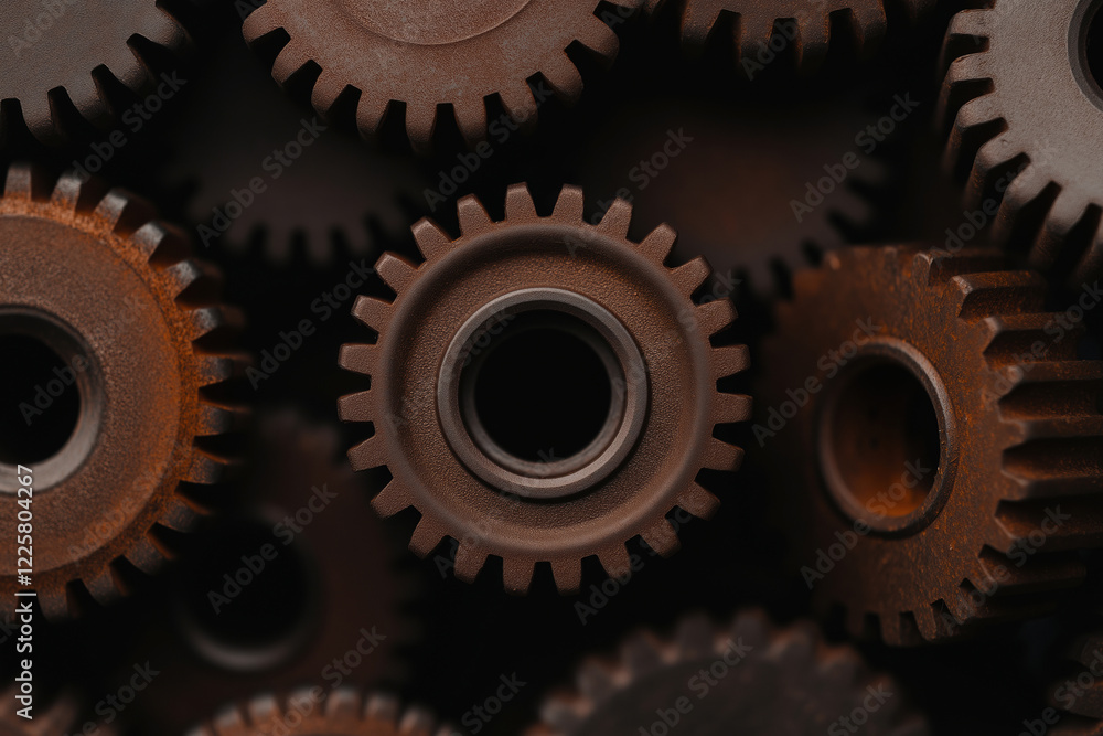Intricate arrangement of gears showcasing their mechanical design and texture Intricate arrangement of gears showcasing their mechanical design and texture