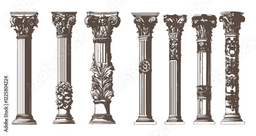 Set of sketch ancient columns rubber stamps