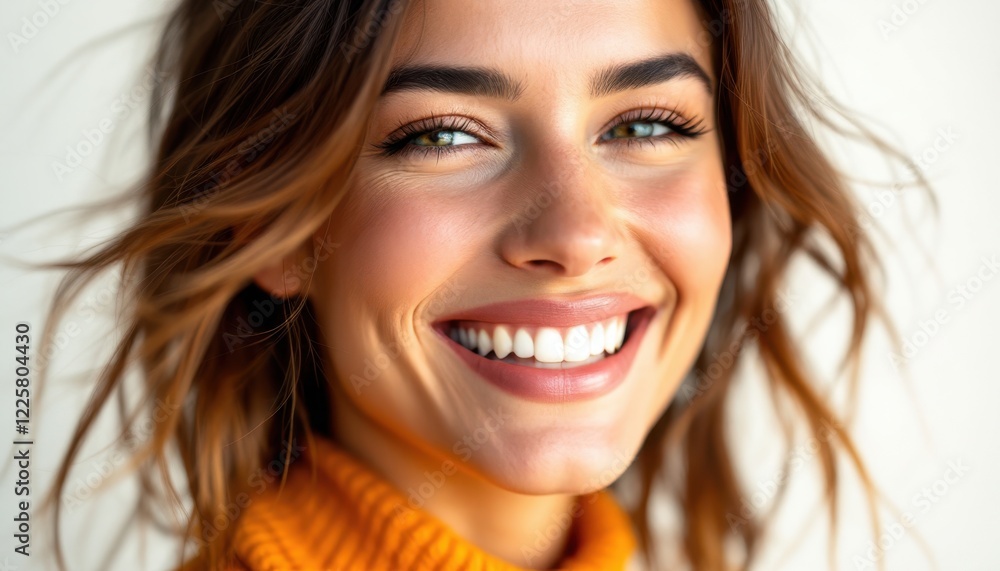 Fototapeta premium Smiling young caucasian female with brown hair in yellow sweater