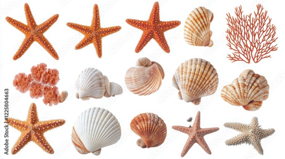 Set with sea stars shells and corals isolated on white Set with sea stars shells and corals isolated on white