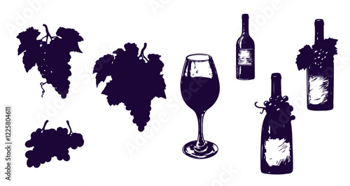 Set of sketch wine bottles rubber stamps