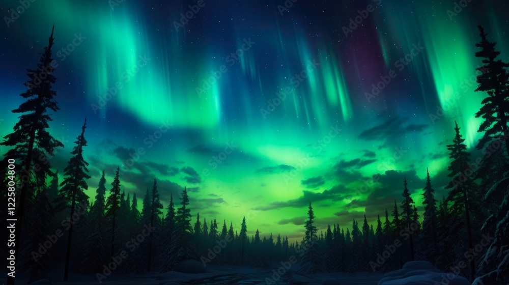 Naklejka premium Aurora Borealis Dancing Over Forest: Abstract Lights in Finland Sky