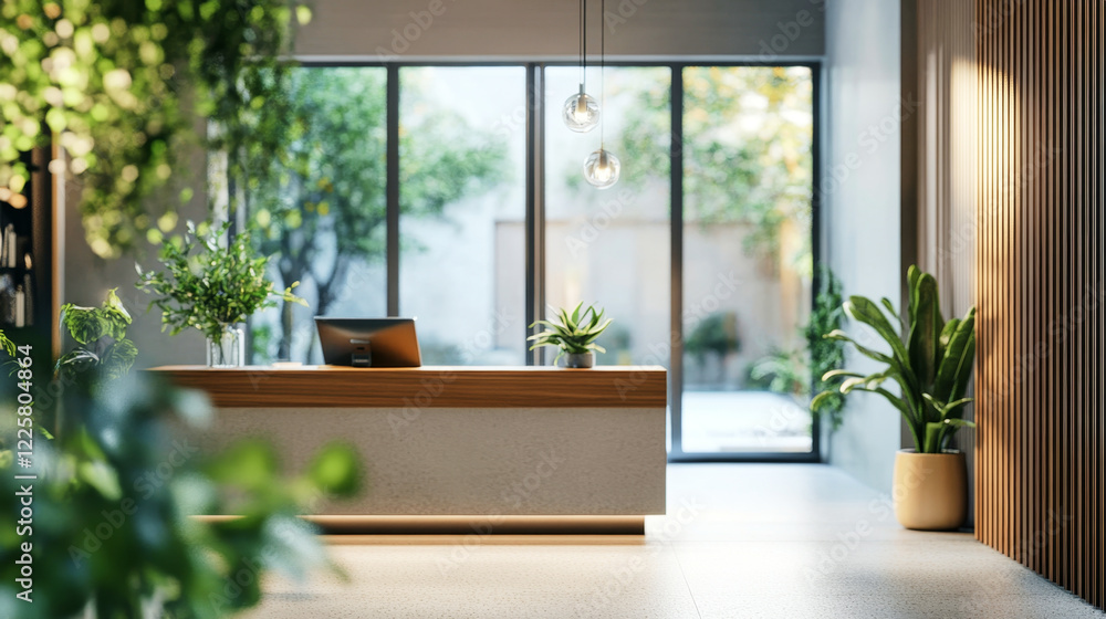 Fototapeta premium Modern reception area with greenery and natural light creating a welcoming atmosphere