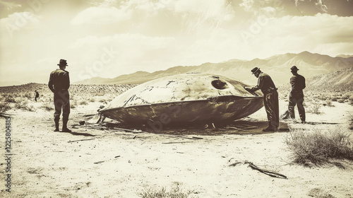 Military personnel investigate crashed UFO in the desert during the 1940s