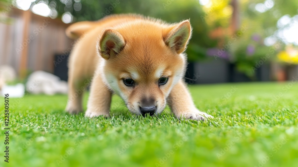 Cute shiba inu puppy on a green lawn in summer playing Cute shiba inu puppy on a green lawn in summer playing