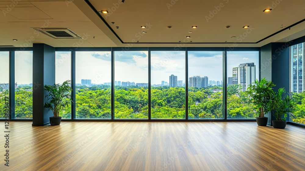 Obraz premium Modern shared office space with panoramic views of green landscape and a calm atmosphere