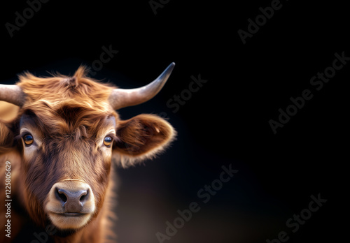 Close-up of a yak in Nepalâs high-altitude landscapes, with its thick fur and strong presence, symbolizing the resilience of life in the Himalayas and the importance of yaks to loc photo