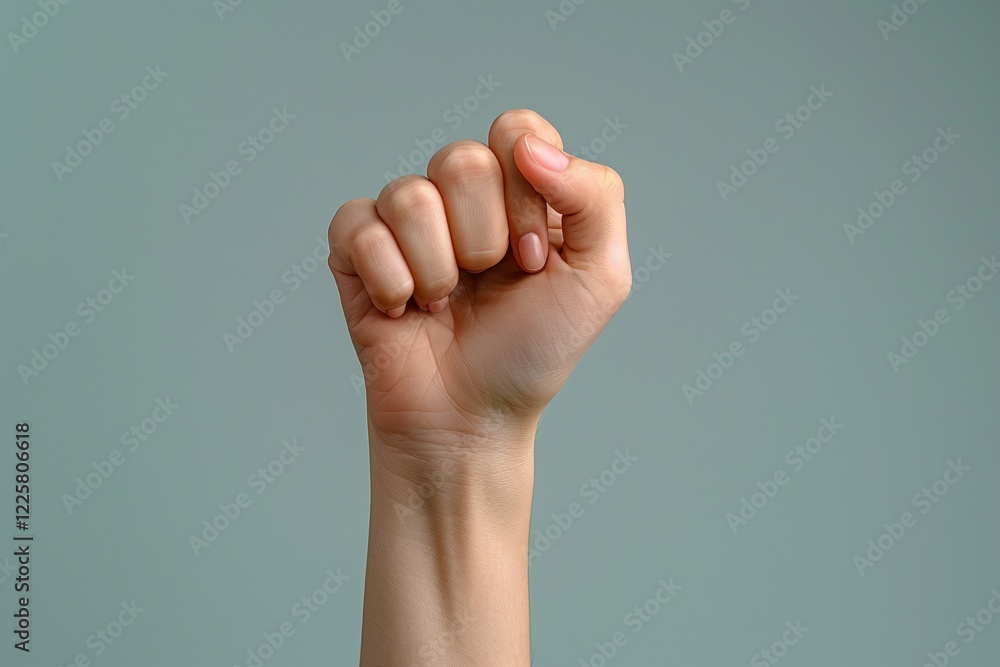 Fist raised in a gesture of strength against a gray background, minimalistic composition of a closed hand, symbolic of power and determination, isolated on a neutral backdrop
Fist raised in a gesture of strength against a gray background, minimalistic composition of a closed hand, symbolic of power and determination, isolated on a neutral backdrop