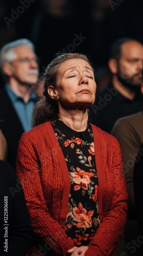 Woman in red cardigan meditates during an emotional gathering in a dimly lit auditorium photo