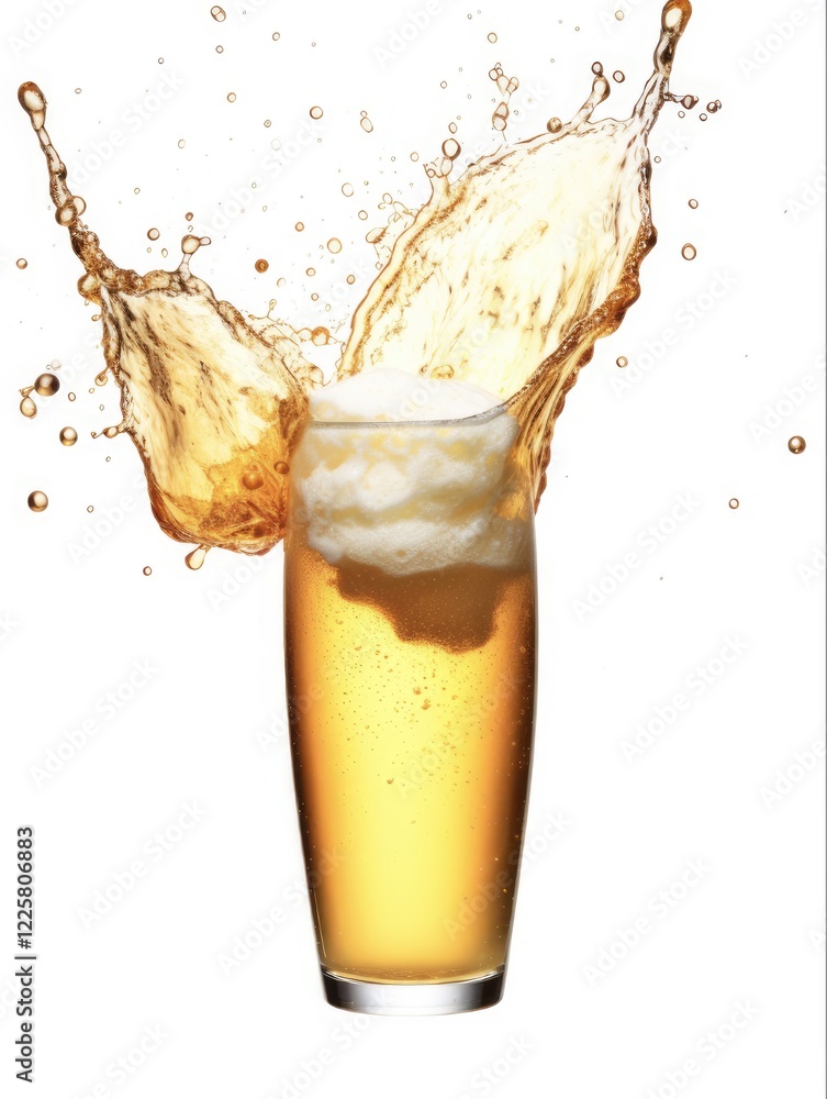 Beer Splash in Frosted Glass. Refreshing foam and froth from a cold beer on a white background with isolated glasses Beer Splash in Frosted Glass. Refreshing foam and froth from a cold beer on a white background with isolated glasses