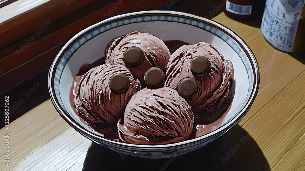 Chocolate ice cream scoops with chocolate candies, sunlit kitchen table, dessert