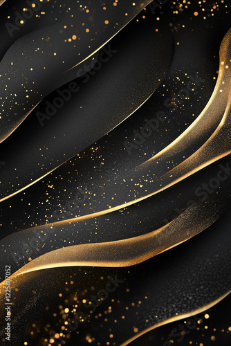 Elegant black textured abstract background with gold lines and sparkles, luxury backdrop