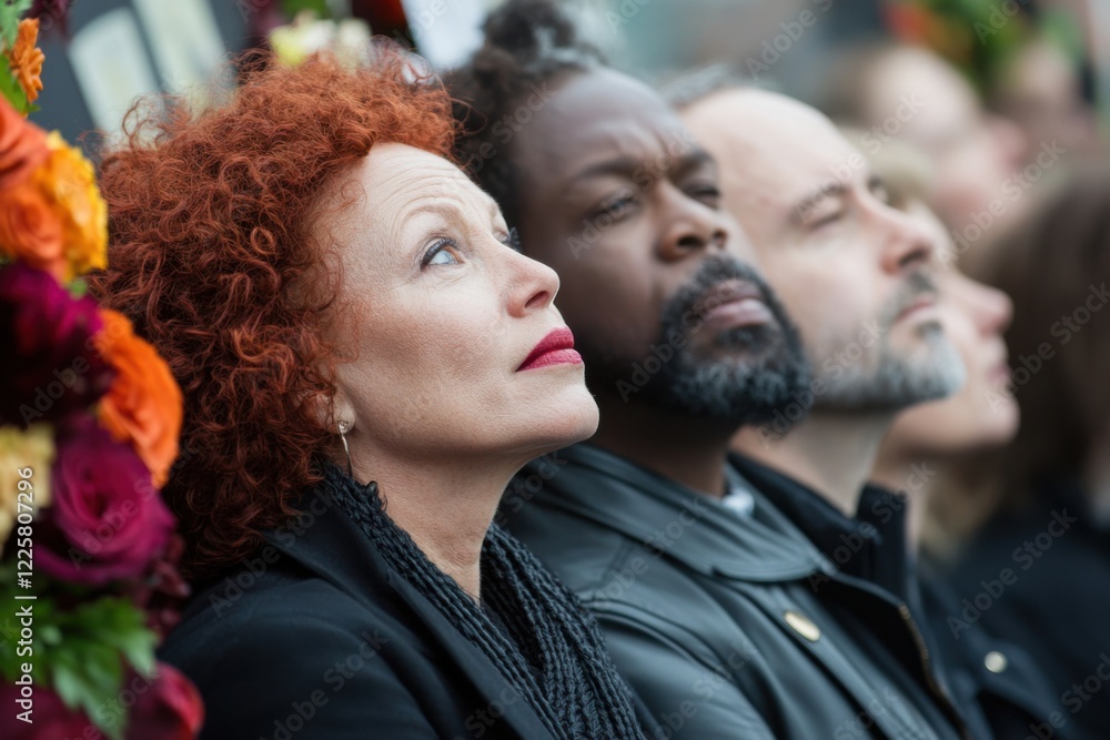 Obraz premium Gathering of people honoring a moment of reflection during an outdoor remembrance ceremony at a community event in autumn