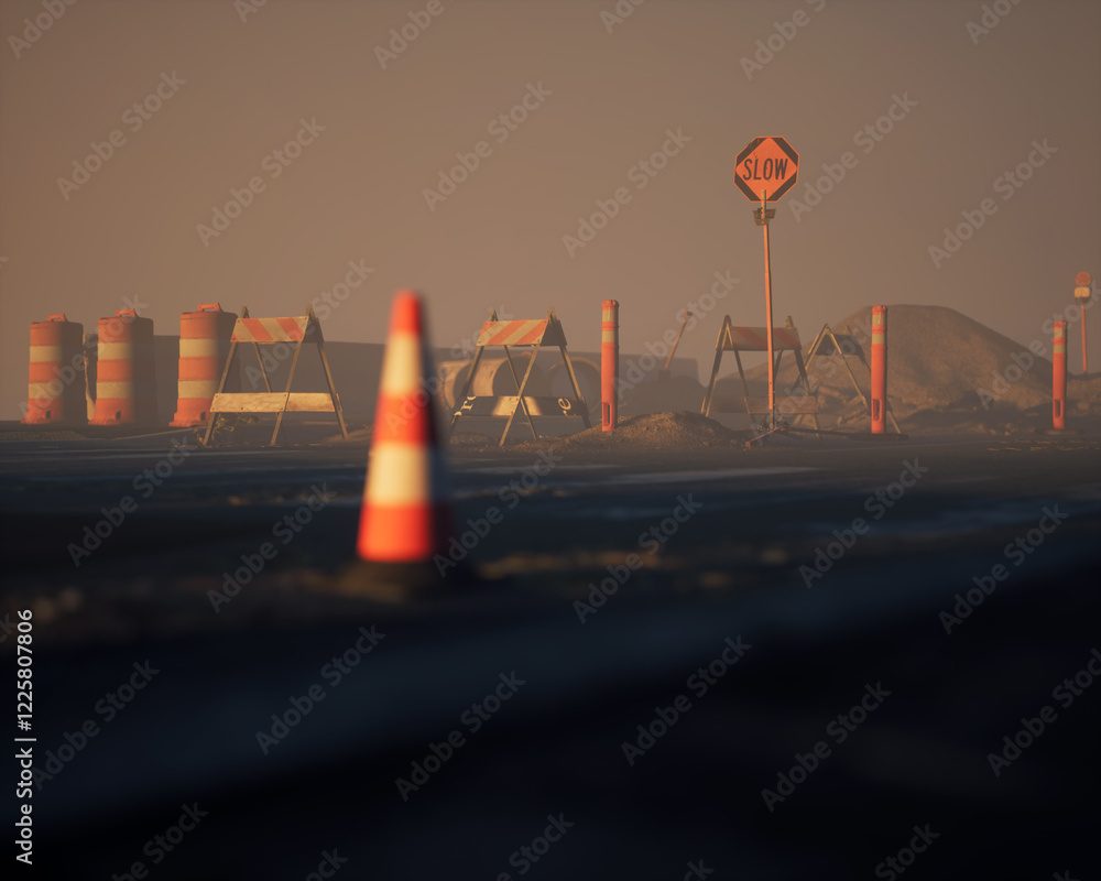 Roadside construction area during sunset with clear sky. 3D render.