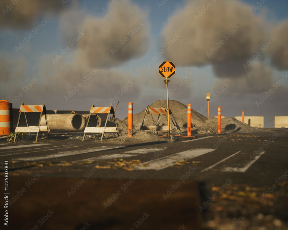 Roadside construction area under a cloudy sky. 3D render.