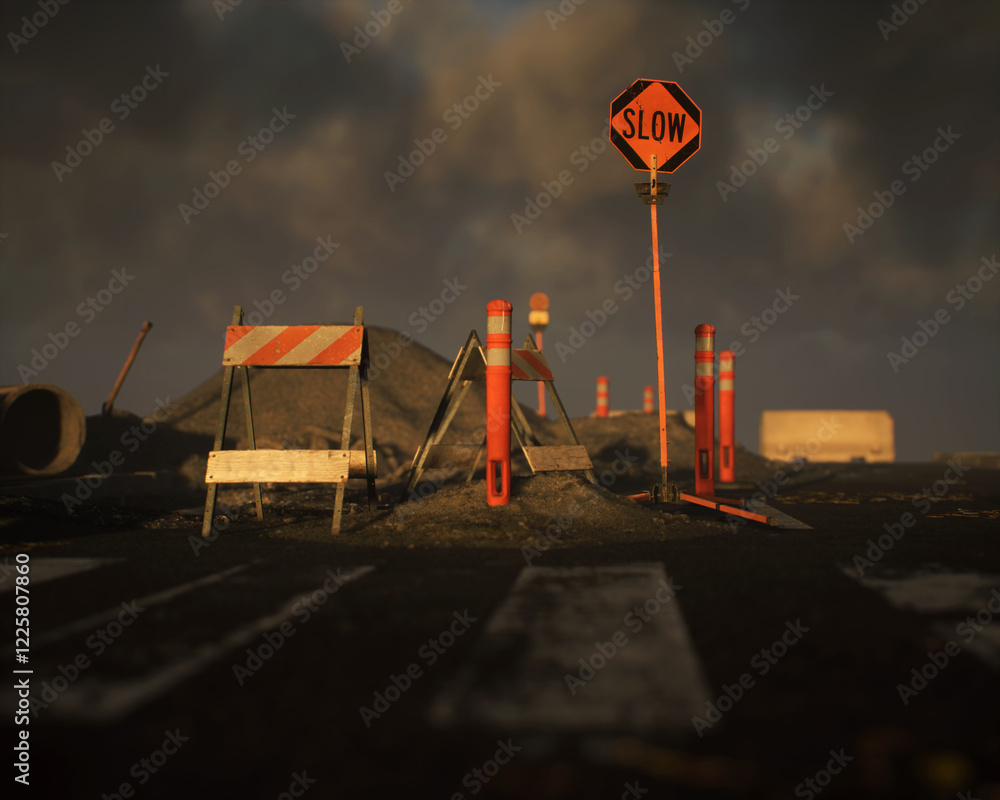Roadside construction area during sunset with a cloudy sky. 3D render.