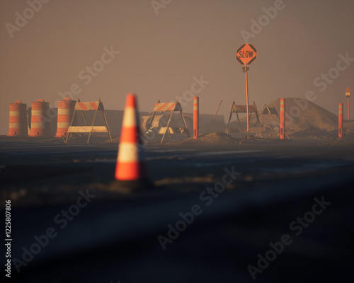 Obraz na płótnie Roadside construction area during sunset with clear sky. 3D render. w salonie