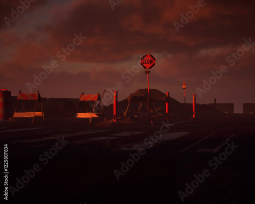 Roadside construction area during sunset with a cloudy sky. 3D render.
