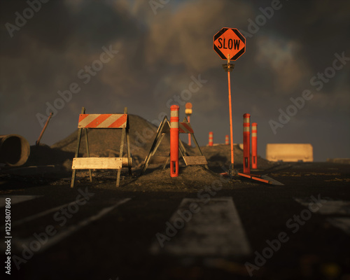 Obraz na płótnie Roadside construction area during sunset with a cloudy sky. 3D render. w salonie