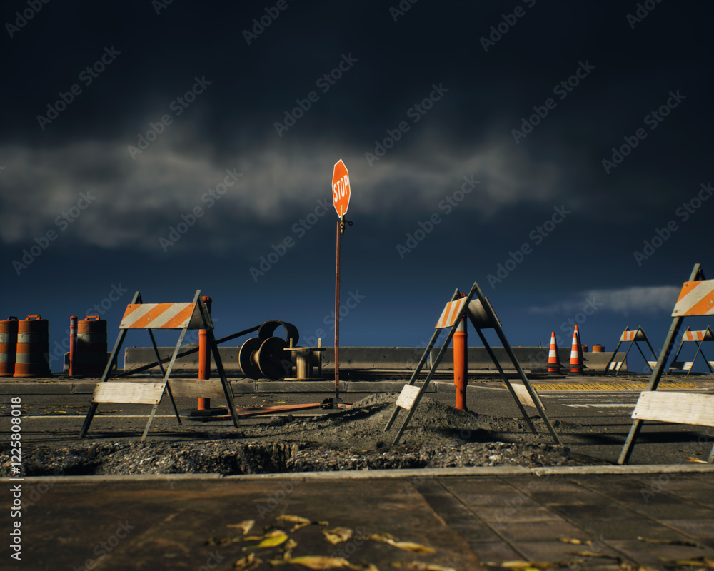 Roadside construction area under a dark cloudy sky. 3D render.