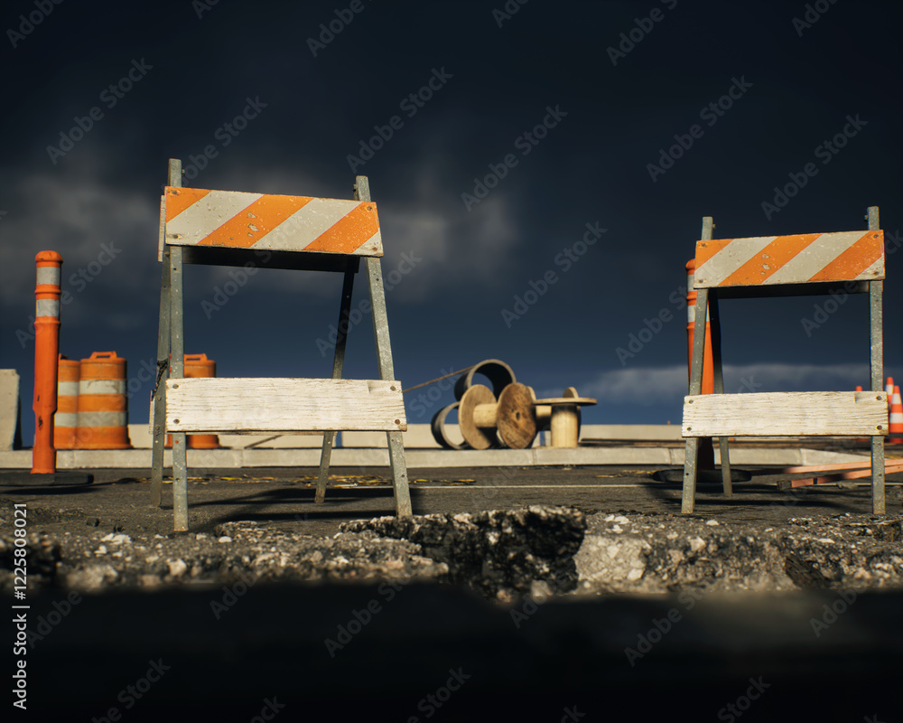 Roadside construction area under a dark cloudy sky. 3D render.