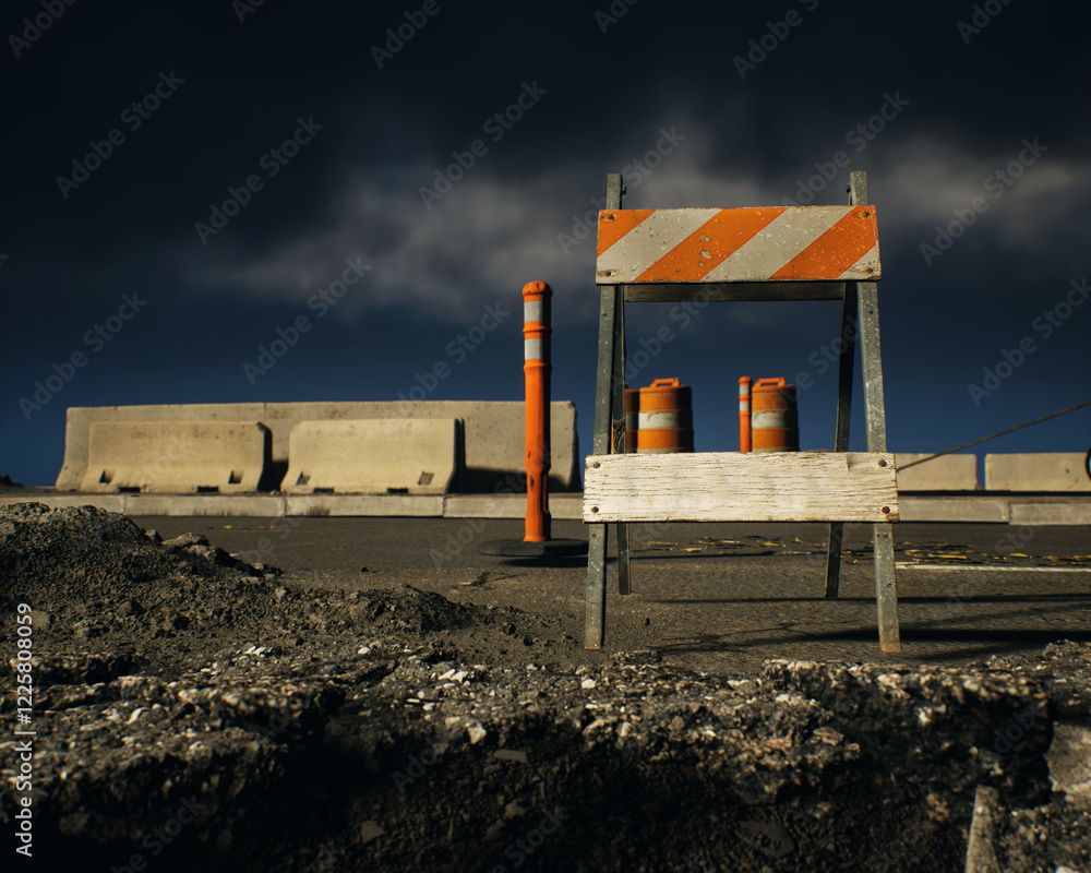 Roadside construction area under a dark cloudy sky. 3D render.