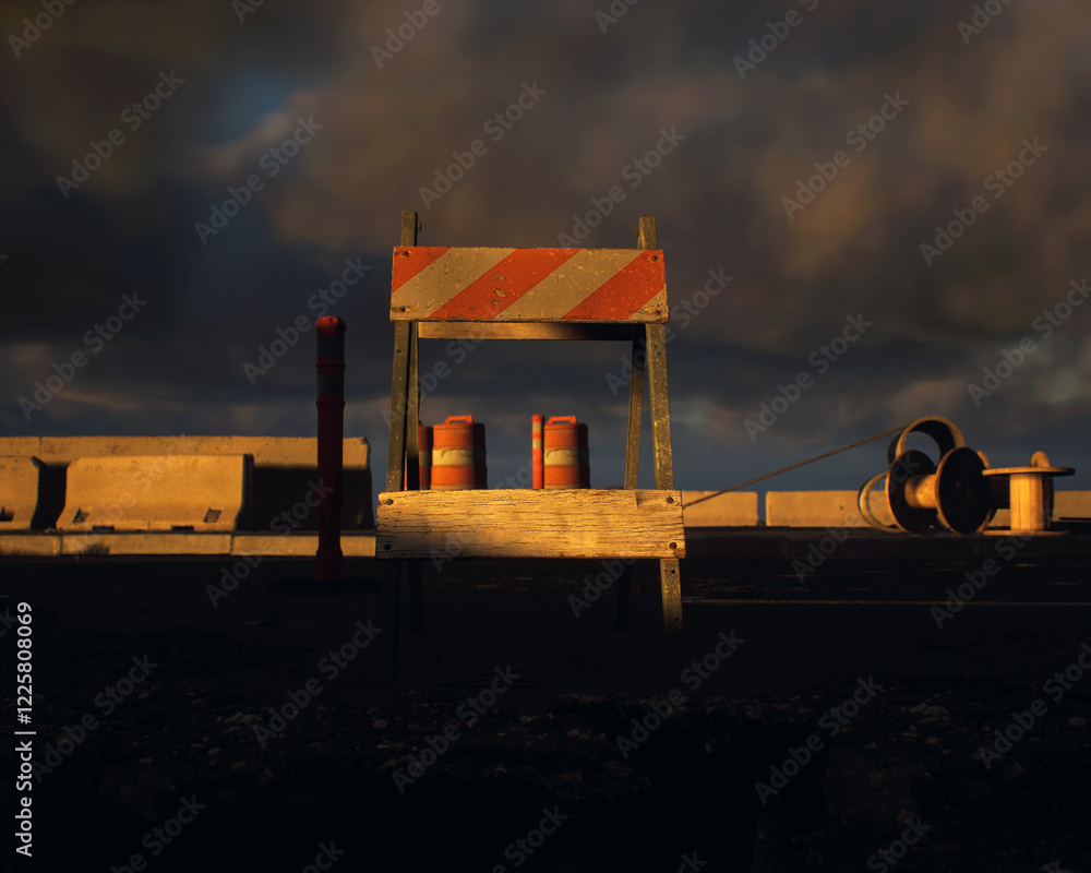 Roadside construction area during sunset with a cloudy sky. 3D render.