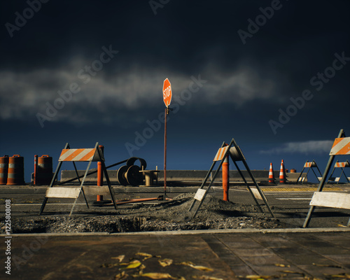 Obraz na płótnie Roadside construction area under a dark cloudy sky. 3D render. w salonie