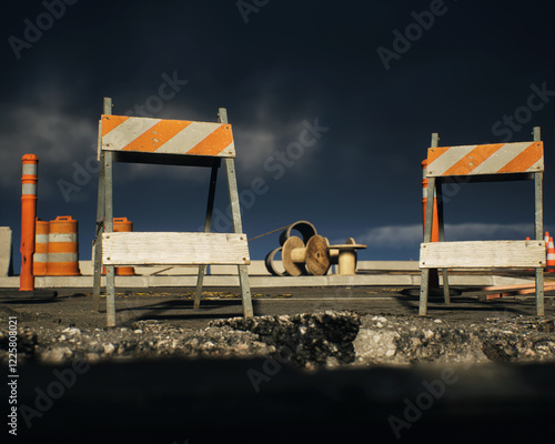 Obraz na płótnie Roadside construction area under a dark cloudy sky. 3D render. w salonie