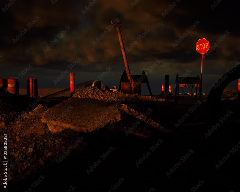 Roadside construction area during sunset with a cloudy sky. 3D render.