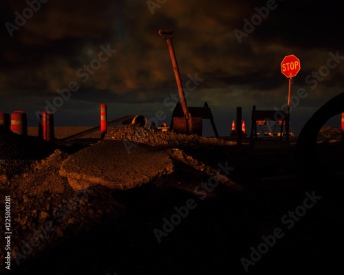 Obraz na płótnie Roadside construction area during sunset with a cloudy sky. 3D render. w salonie